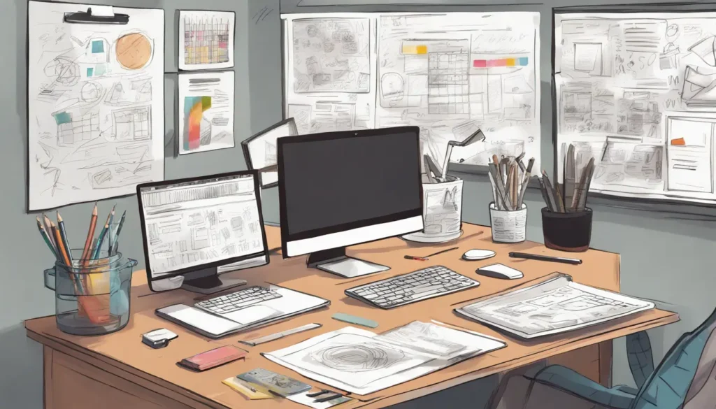 A designer creating a custom WordPress theme in a modern office, with a WordPress dashboard on screen, sketches, color swatches, and design notes.