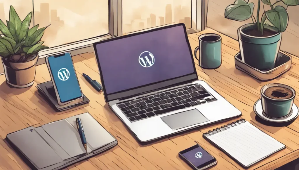 Laptop displaying WordPress logo with a smartphone showing a migration app, coffee cup, notepad, and potted plant on a modern office desk.