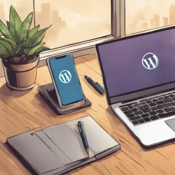 Laptop displaying WordPress logo with a smartphone showing a migration app, coffee cup, notepad, and potted plant on a modern office desk.