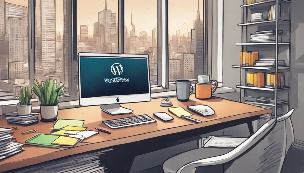 A modern office desk with a laptop showing the WordPress logo, coding books, notepads, sticky notes, a coffee mug, and a cityscape view.