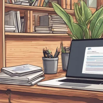 Open laptop on desk showing WordPress code in editor, with notepad and pen, bookshelf and potted plant in background, illustrating WordPress plugin development.