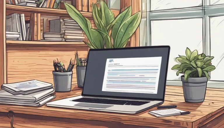 Open laptop on desk showing WordPress code in editor, with notepad and pen, bookshelf and potted plant in background, illustrating WordPress plugin development.