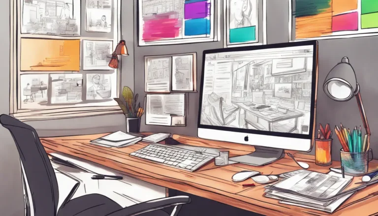 Modern office with computer showing WordPress theme, design sketches, color swatches, and coding books on a wooden desk