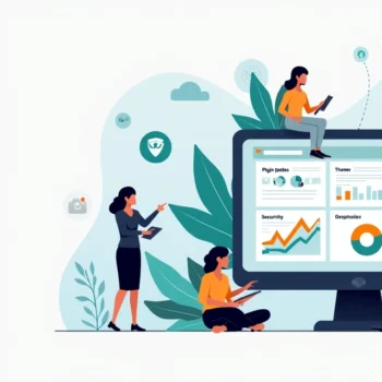 Agency team monitoring WordPress website maintenance dashboard with performance and security metrics