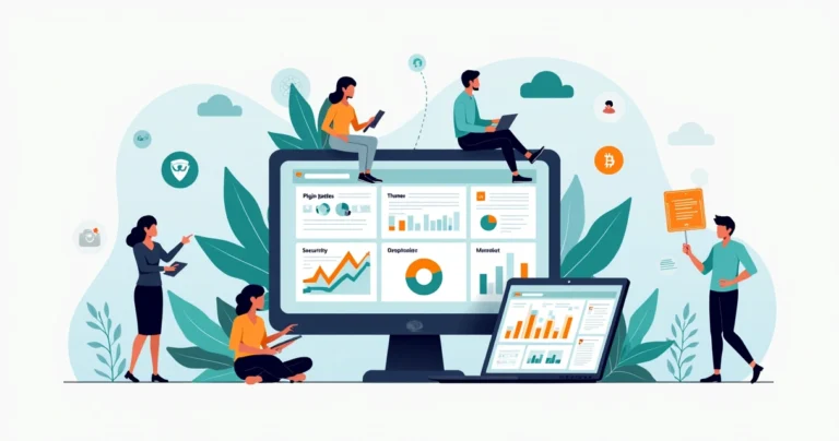 Agency team monitoring WordPress website maintenance dashboard with performance and security metrics