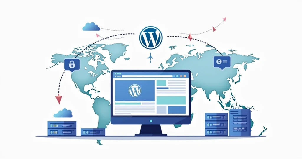 Flat illustration of a CDN accelerating a WordPress website with global edge servers
