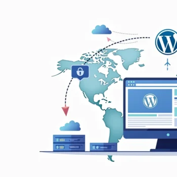 Flat illustration of a CDN accelerating a WordPress website with global edge servers