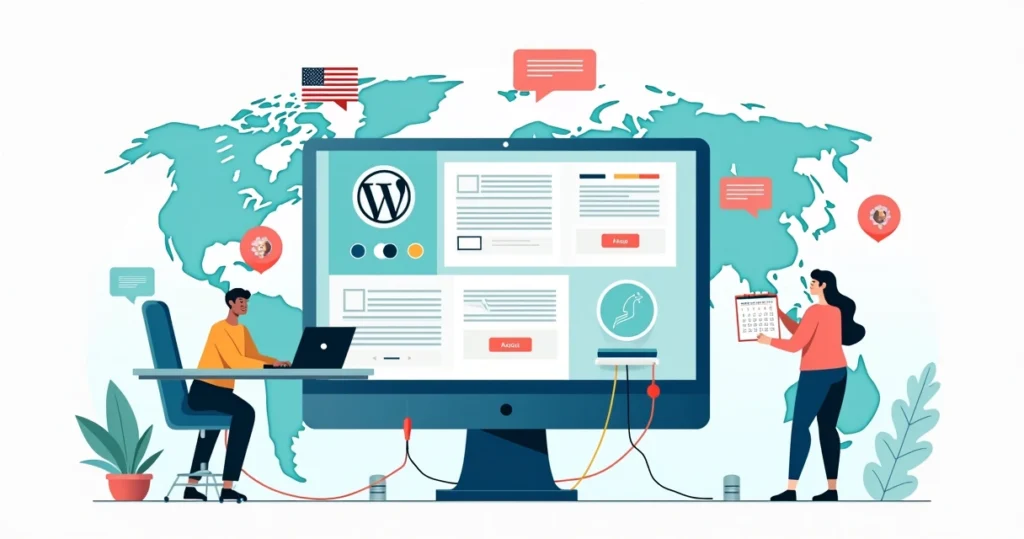 Multilingual WordPress dashboard with language tools and workflow icons