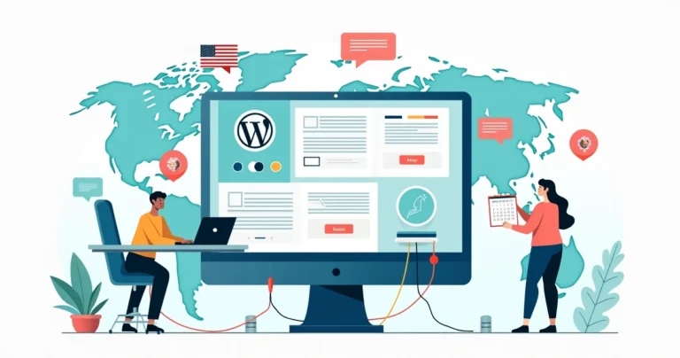 Multilingual WordPress dashboard with language tools and workflow icons