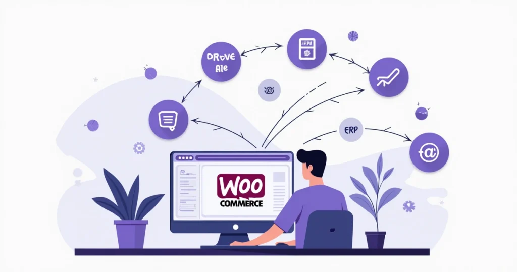 Developer connecting WooCommerce store to external apps via REST API on laptop screen