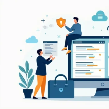 Flat illustration of agency team managing WordPress sites on large dashboard screens