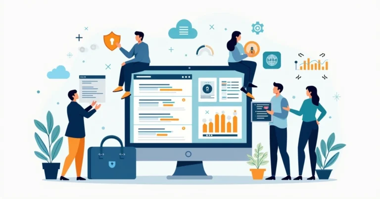 Flat illustration of agency team managing WordPress sites on large dashboard screens