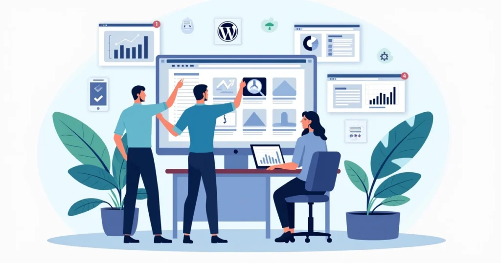 Team at digital agency planning multiple WordPress sites on large screens