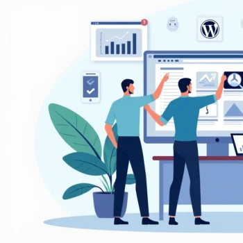 Team at digital agency planning multiple WordPress sites on large screens