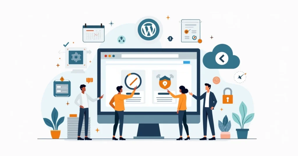 Flat illustration of WordPress dashboard automating updates and backups