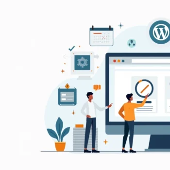 Flat illustration of WordPress dashboard automating updates and backups