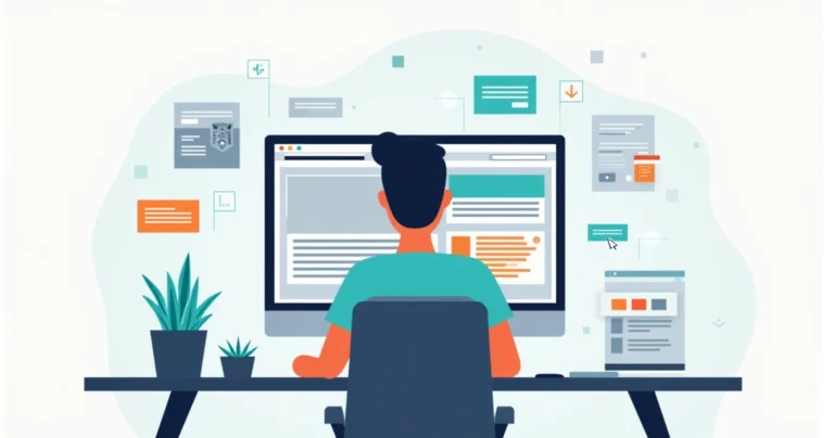 Designer comparing classic and block WordPress themes on a laptop screen