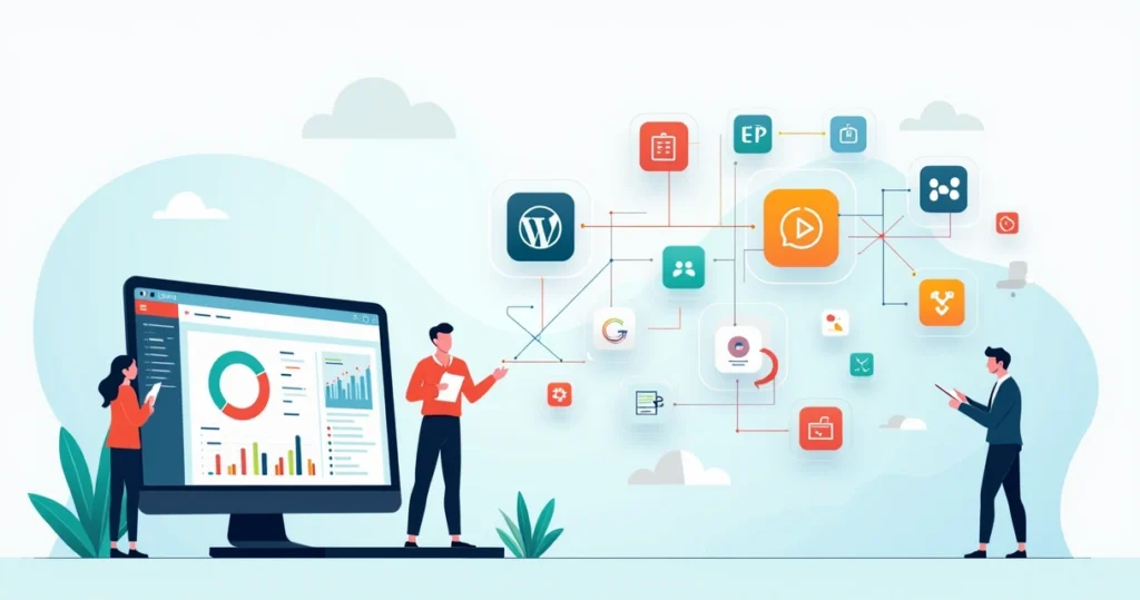 Flat illustration of WordPress dashboard connecting to CRM tools with data flow