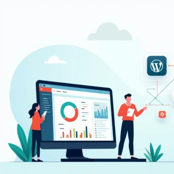 Flat illustration of WordPress dashboard connecting to CRM tools with data flow
