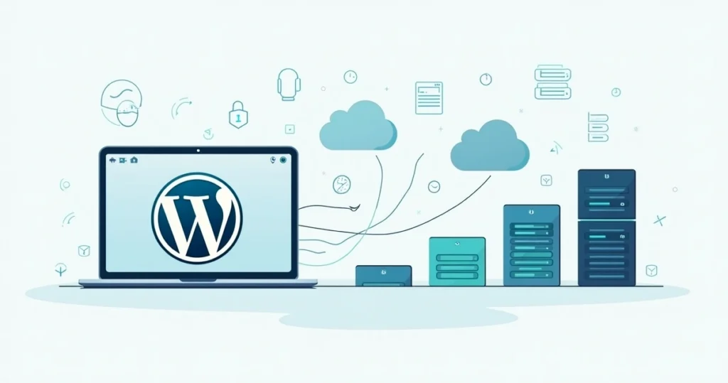 Flat illustration of WordPress incremental backup process with cloud and server