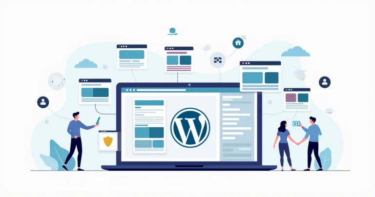 Flat illustration of a WordPress Multisite dashboard connecting multiple websites