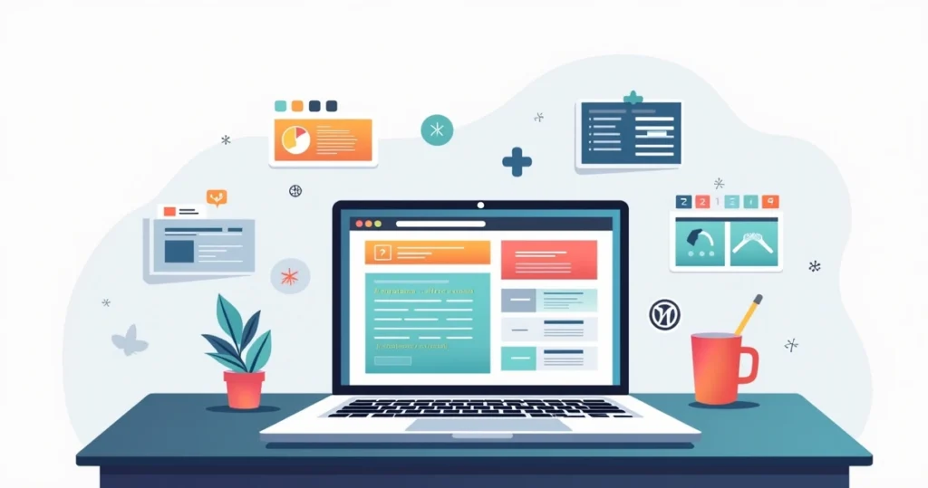 Flat illustration of WordPress shortcodes customizing website content on a laptop screen