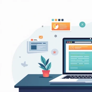 Flat illustration of WordPress shortcodes customizing website content on a laptop screen